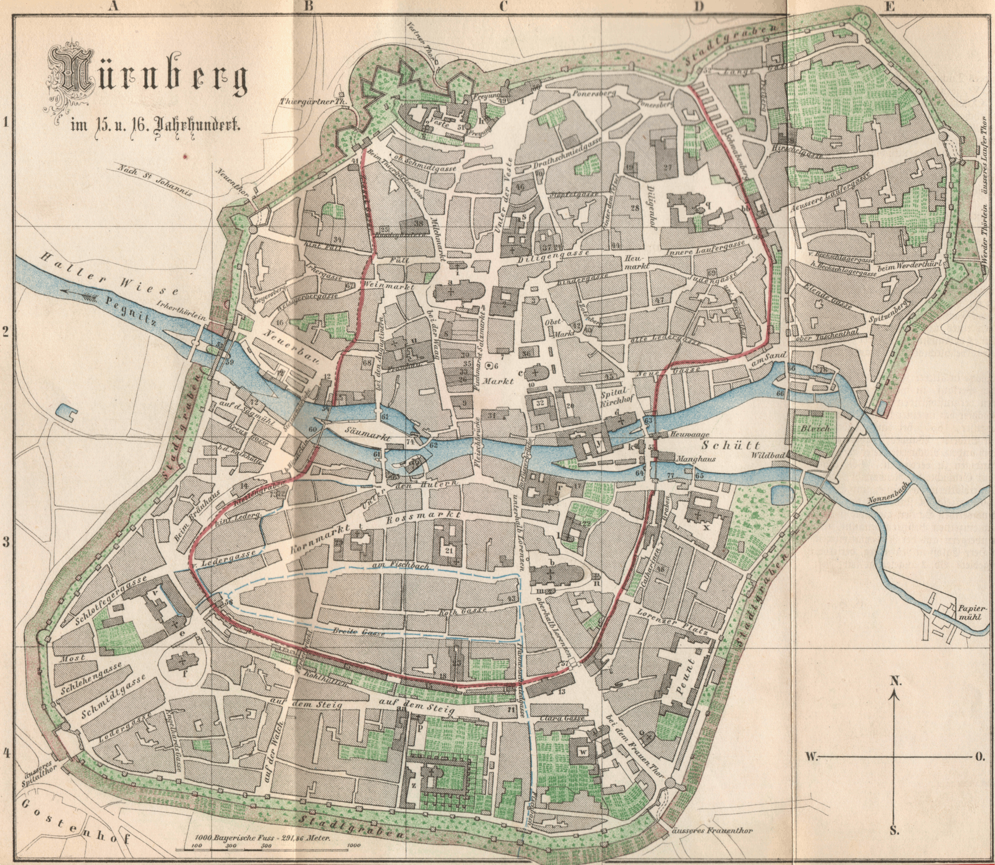 Stadtplan: Nuernberg um 1500. Topografie der Duererzeit. Egloff / Hegel 1874.