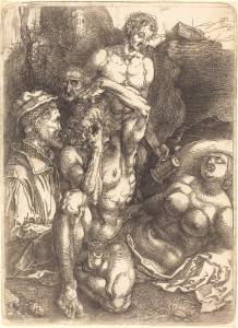 Albrecht Dürer: Studienblatt mit fünf Figuren (Der Verzweifelnde). Eisenradierung, um 1515. National Gallery of Art, Washington.
