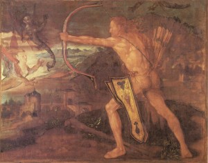 Albrecht Dürer: Herkules und die Harpyien. Tempera auf Leinwand, 1500. 87 x 110 cm. Germanisches Nationalmuseum, Nürnberg (Leihgabe der Bayerischen Staatsgemäldesammlungen München).